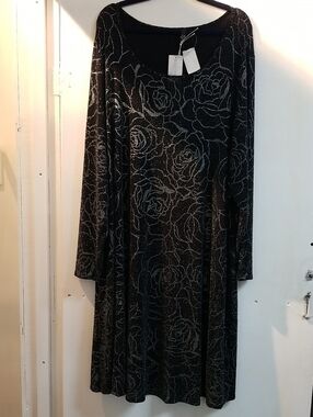 Long-Sleeve Black Dress with Silver Rose Detail